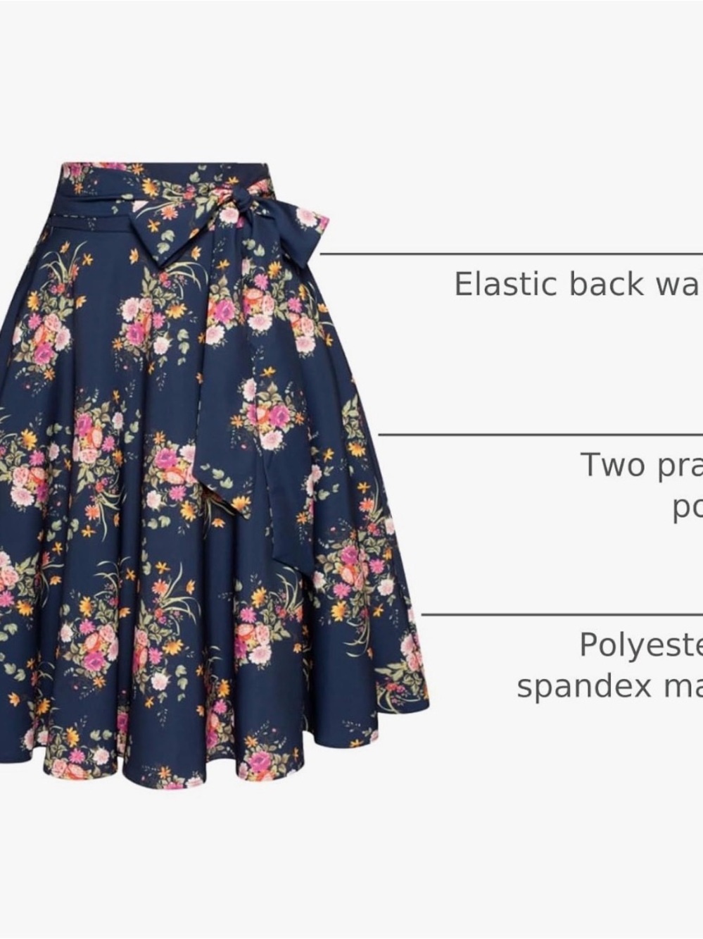 NWOT - Women’s Navy Floral A-Line Skirt with Waist Tie